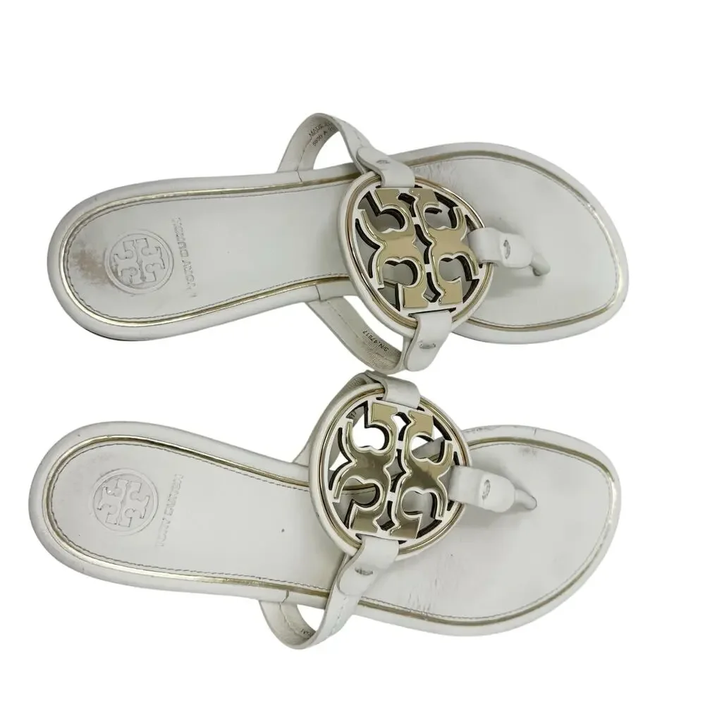 Tory Burch Ivory Benton Thong Slide Sandal Leather Gold Logo Box 9.5